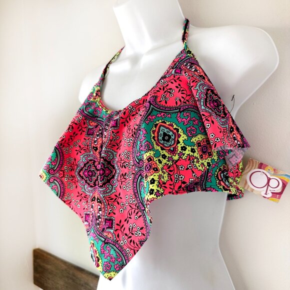 NWT OP Bikini Handkerchief Style Top Floral Paisley XL Bult In Bra - Picture 2 of 6